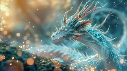 Obraz premium A pretty white dragon with brightly colored antlers in a magical forest full of crystals and lights that glow.