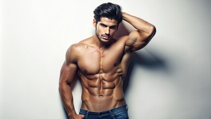 Attractive young Hispanic male fashion model with chiseled physique and stylish hair poses confidently shirtless against a pure white backdrop.