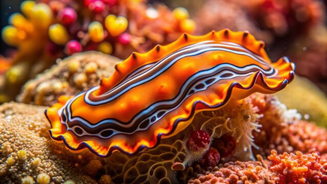 Vibrant orange Pseudoceros polyclad flatworm with intricate patterns crawling on coral reef in crystal-clear waters of Pulau Bangka, North Sulawesi.