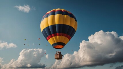 Naklejka premium Flying colorful hot air balloon in the sky, wallpaper background 