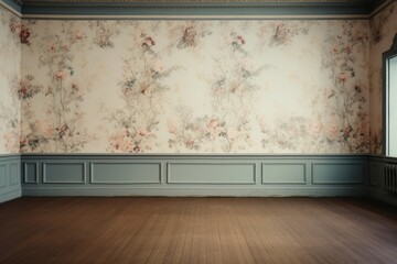 Vintage floral pattern wallpaper wall living room and woden floor in the modern victorian styles architecture building indoors.