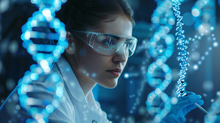 Innovative Scientist at Work in Laboratory with DNA Structures Background - Copy Space Available for Text Overlay