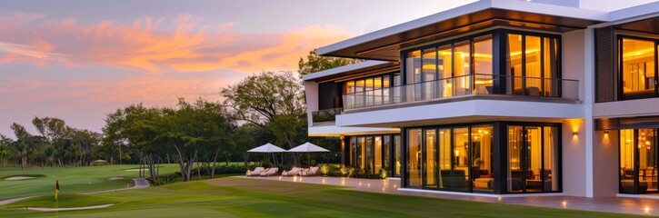 Modern two-story villa with large glass windows