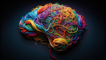 Vibrant multi-colored tangled threads form a human brain shape on a black background, symbolizing neurodiversity, mental health complexities, and the intricate workings of the mind.