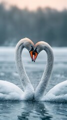 Swans Forming Symbolic Heart Shape in Serene Frozen Lake Landscape