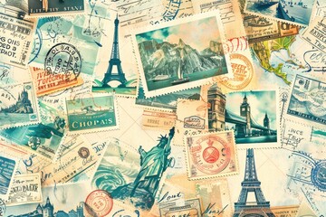 Vintage postcard collection includes landmarks like Eiffel Tower, Statue of Liberty, and Tower Bridge - faded and worn from travel