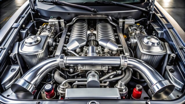 High-performance engine bay of a modified sports car featuring a twin-turbocharged inline-six engine with polished aluminum components. - Powered by Adobe