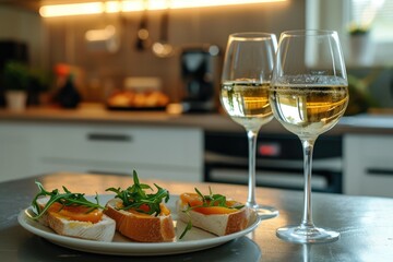 Elegant Table Setting with White Wine and Appetizers