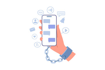 Nomophobia in person, chained to phone due to fear of parting with mobile gadget with social networking applications. Digital addiction and nomophobia in smartphone user addicted to online services