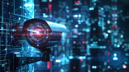 A security camera with a red light on it is mounted on a wall.