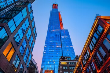 Fototapeta premium A tall building among other tall buildings, a skyscraper, with modern architecture 
