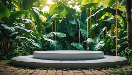 A calm open area with a white podium, surrounded by large green leaves that create a spectacular setting.