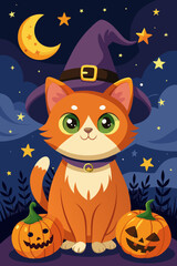 Charming Adorable Halloween Night, Cute Ginger Kitten with Green Eyes in Witch Hat with Pumpkins Under the Moon Ideal for Use in Holiday Greeting Cards, Children's Books, Magazines, Festive Posters.