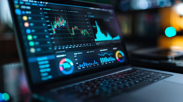 Laptop displaying various graphs and charts.