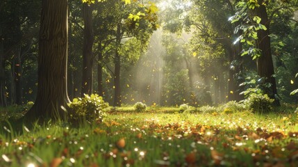Obraz premium A forest bathed in sunlight, with the ground covered in a mix of grass and fallen leaves.