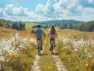 Obraz premium Couple Enjoying a Scenic Bike Ride Through the Countryside