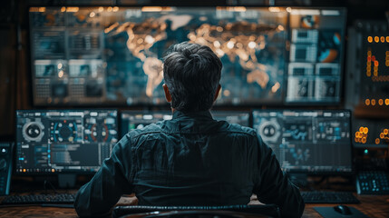 Man monitoring global data on multiple screens in dimly lit control room. Concept of cybersecurity, global surveillance, and data analysis.