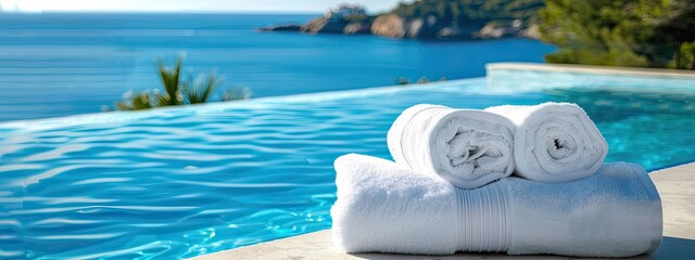 white folded towels on the background of the pool and the beach. selective focus
