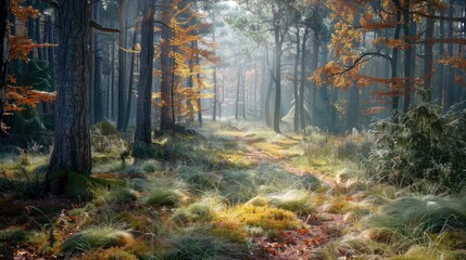 Obraz premium A forest bathed in sunlight, with the ground covered in a mix of grass and fallen leaves.