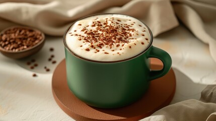 Obraz premium Delicious Hot Cocoa with Foamy Topping in a Round Green Mug