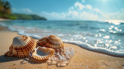 Seashells on a Sandy Beach With Foamy Waves in the Sunshine