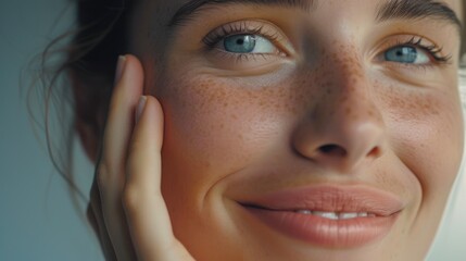 Elegant European Woman Gently Touches Her Cheek