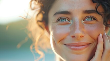 Beautiful Caucasian Woman Caressing Her Face with Tenderness