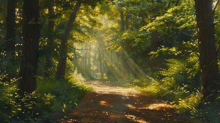 Obraz premium A forest path with sunlight filtering through the leaves, creating a dappled light effect.