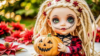 Halloween Blonde Doll with Long Dreadlocks and Green Eyes Holding a Pumpkin: Ideal for Halloween Decorations and Collectible Toy Displays