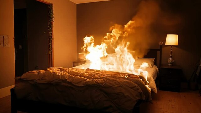 Burning Bed in a Dark Bedroom at Night