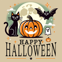 Happy Halloween Vector Art with Pumpkin, Cat, Bat, and Ghost
