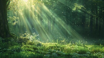 A forest scene with rays of sunlight creating a natural spotlight on a patch of grass.
