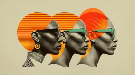 Contemporary art collage of three models wearing sunglasses, showcasing a vibrant and modern aesthetic with a vintage feel