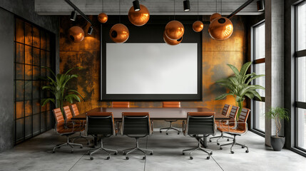 Modern conference room with large screen and orange accents.