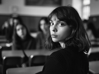 A teacher sits at her desk in a typical classroom setting, with books and supplies nearby