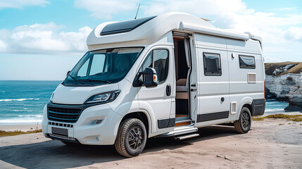 Modern camper van parked by the ocean on a sunny day.