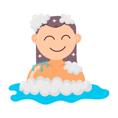 Happy girl enjoying bubble bath, flat style cartoon 

