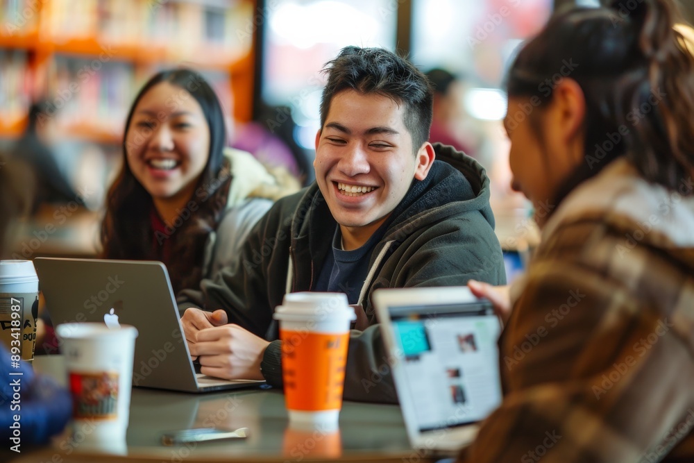 Poster a group of cheerful students are happily working together in a cozy cafe, using laptops surrounded b