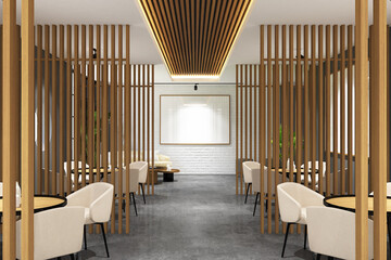 3d render of minimal design interior of cafe with wood vertical screen and frame mock up. Gray cement floor, gray wall and white ceiling. Set 2