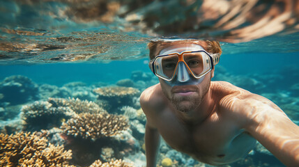 Naklejka premium Man Snorkeling in Clear Ocean Water with Coral Reefs.