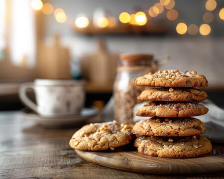 Homemade cookies in a cozy kitchen setting, focusing on the texture and inviting warmth