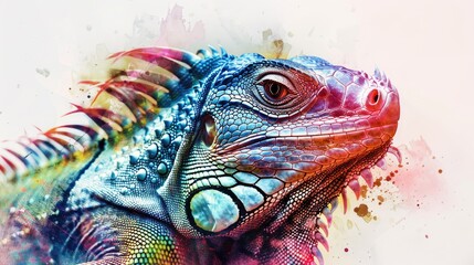 Fototapeta premium An iguana with vibrant paint splatters on its face, ideal for designs about creativity and imagination