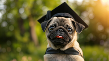 Pug Wearing Graduation Cap in Nature.
