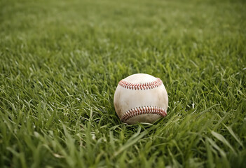 A worn baseball rests on a grassy field, bathed in the warm glow of the setting sun. Perfect for sports blogs, baseball articles, or evoking nostalgia for America's pastime.