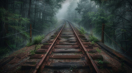 Fototapeta premium Into the Unknown: Old, Rusted Train Tracks Vanishing into the Misty Forest