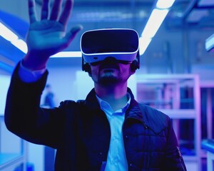 Businessman using virtual reality headset in a hightech lab, futuristic and immersive, technology in business
