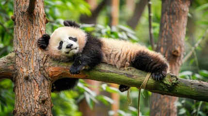 Obraz premium Cute Panda Relaxing on a Tree Branch