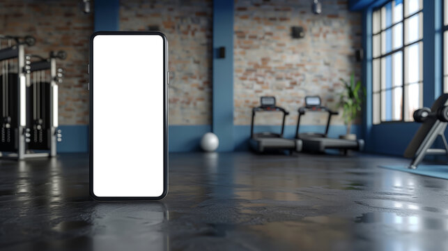 Smartphone mockup with blank screen in modern gym, fitness equipment in background.