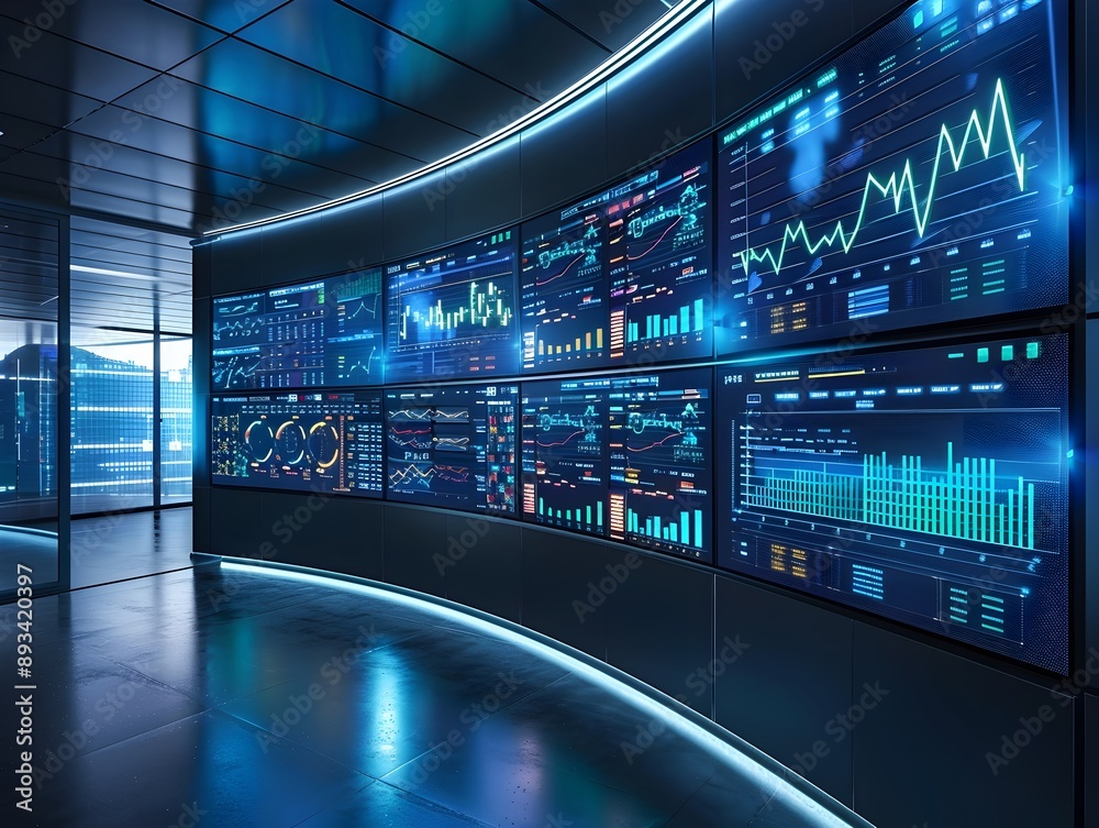Poster high tech digital control room with real time data visualization for industry monitoring and analysi