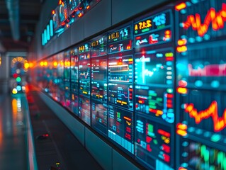 High Tech Industrial Control Room with Digital Screens Displaying Real Time Data and Analytics